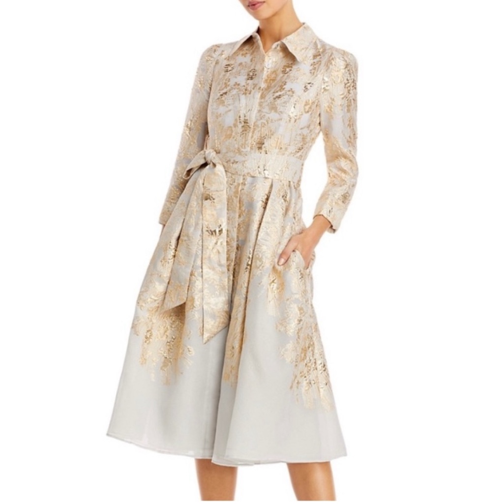 Teri Jon Metallic Gold Midi Dress Size 10